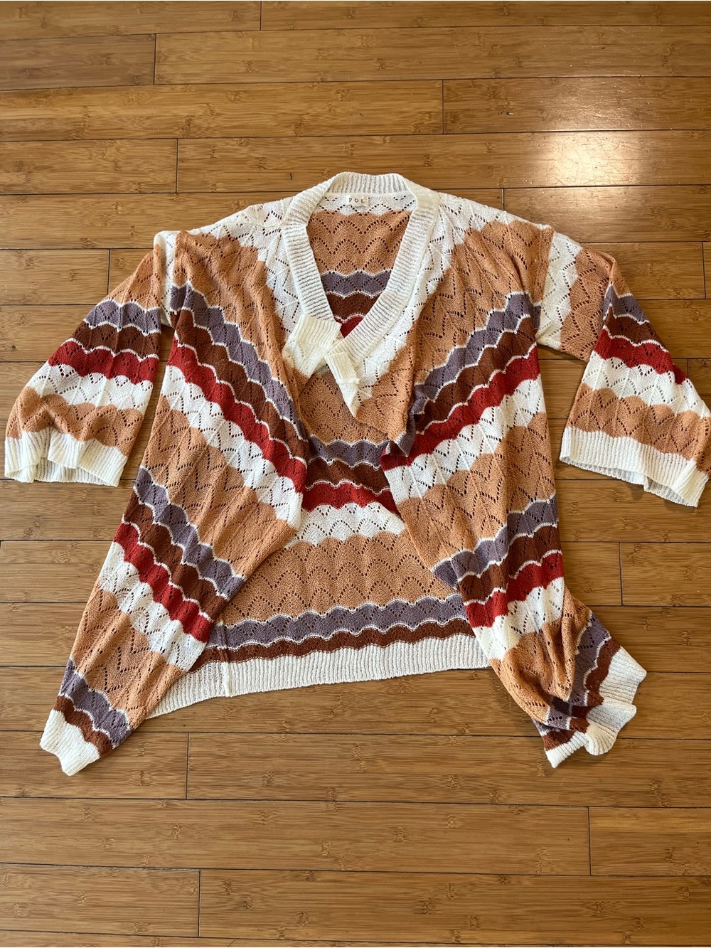 POL Chevron Open-Knit Boho Cardigan Drapey  Sweater in Cream, Tan & Rust